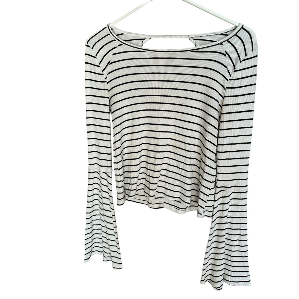 Hollister Womens Striped Ribbed Bell Sleeve Y2K Top Black White Cutout Back